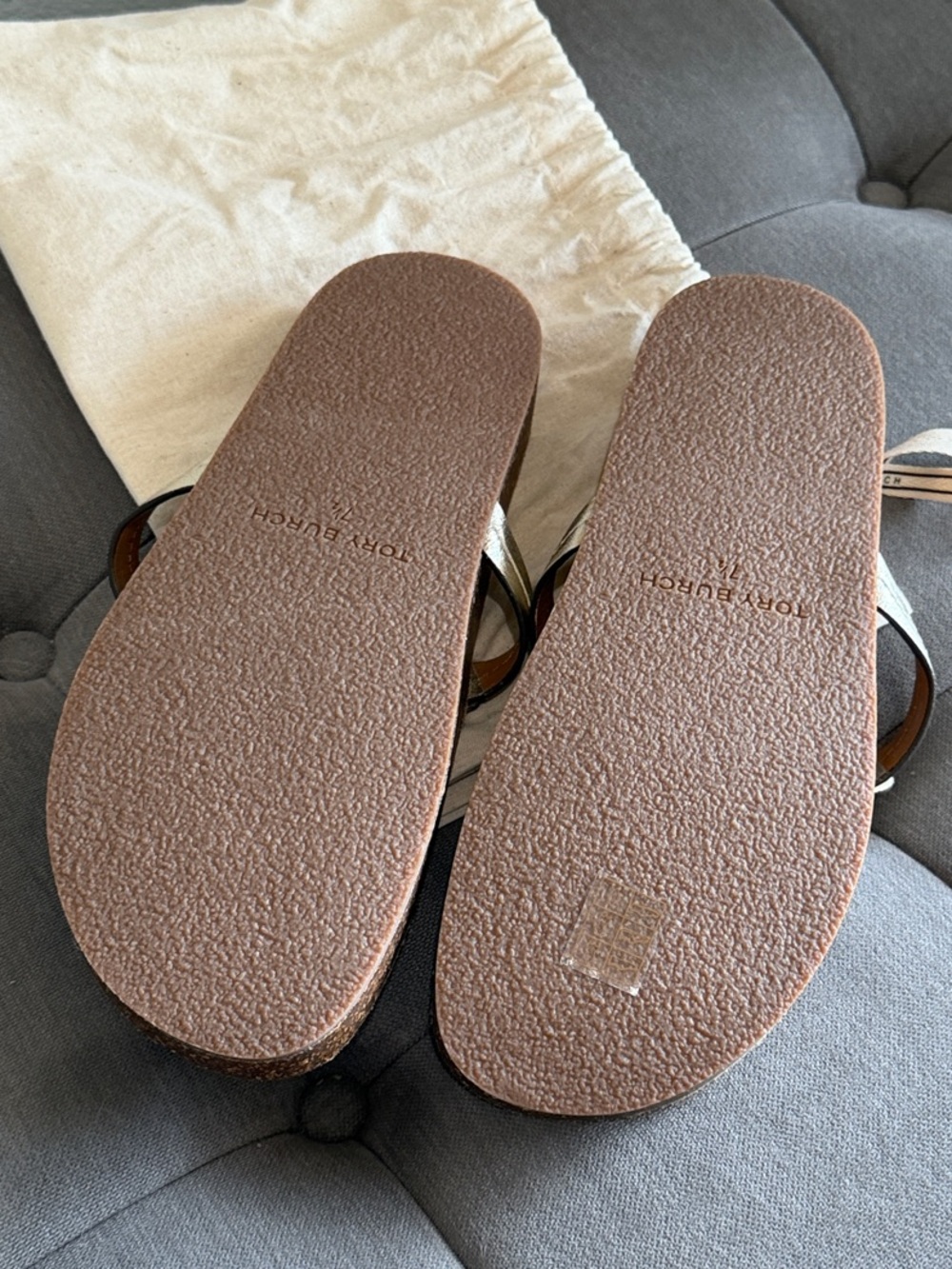 Tory Burch Metallic Gold Logo Thong Sandals with Brown Cork Footbed - Picture 5 of 5